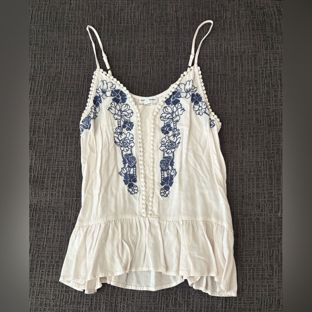Love on a Hanger White Camisole with Blue Embroidery